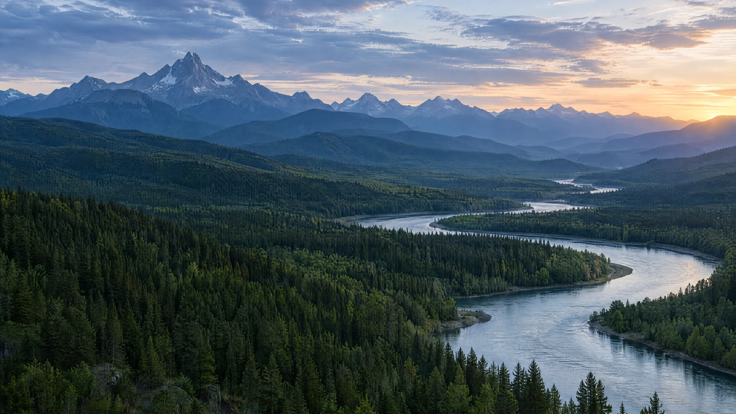 A winding river through forested foothills and distant mountains