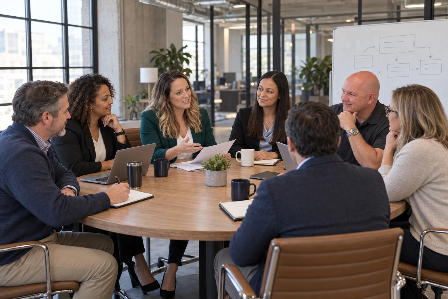 AI-created concept of Vic, Brittni, Venessa, and four colleagues meeting around a round table in an industrial-style office