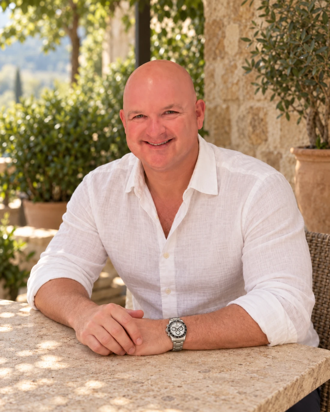 Vic Keller smiling in a white linen shirt at an outdoor table